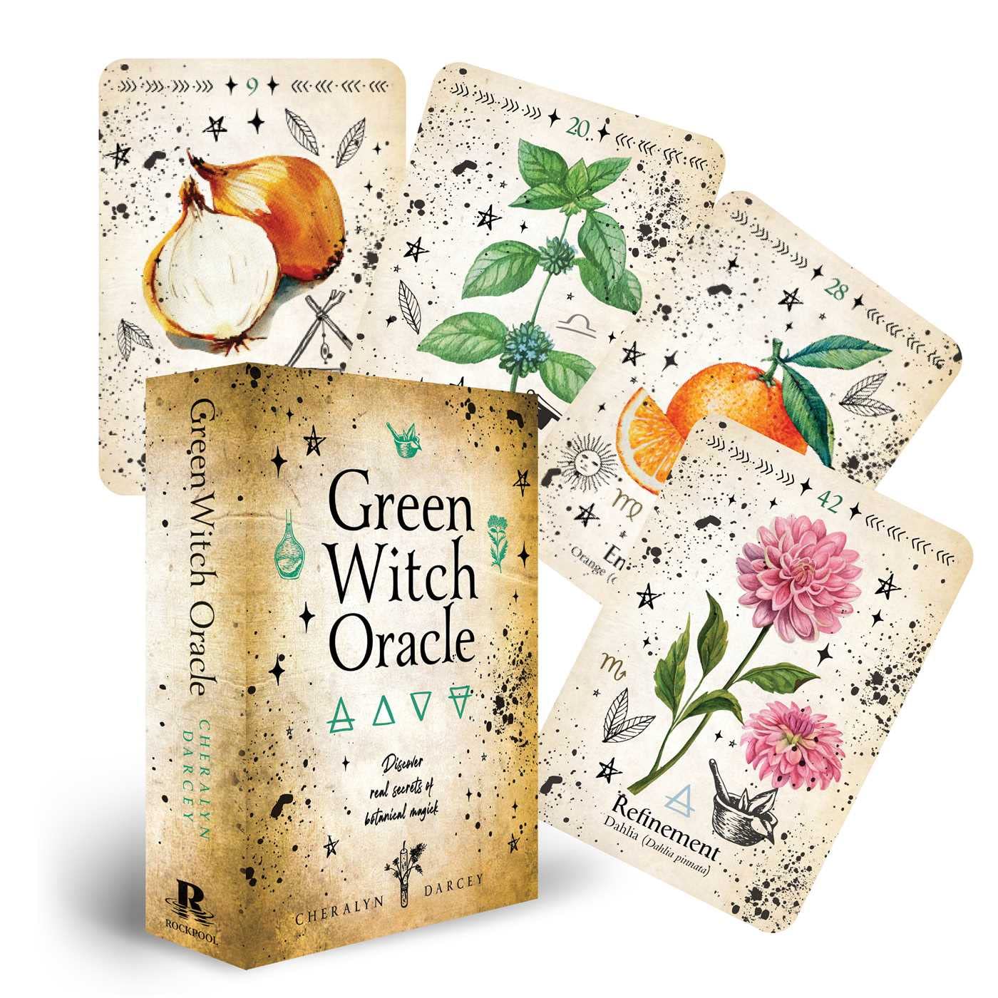 Green Witch Oracle card deck with botanical designs on a white background