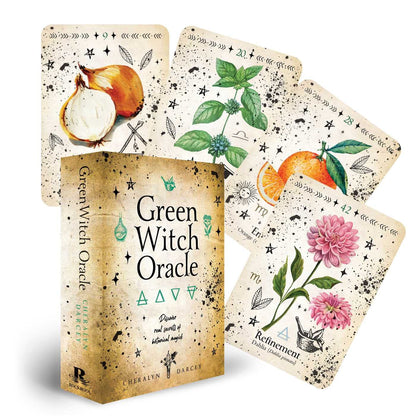 Green Witch Oracle card deck with botanical designs on a white background