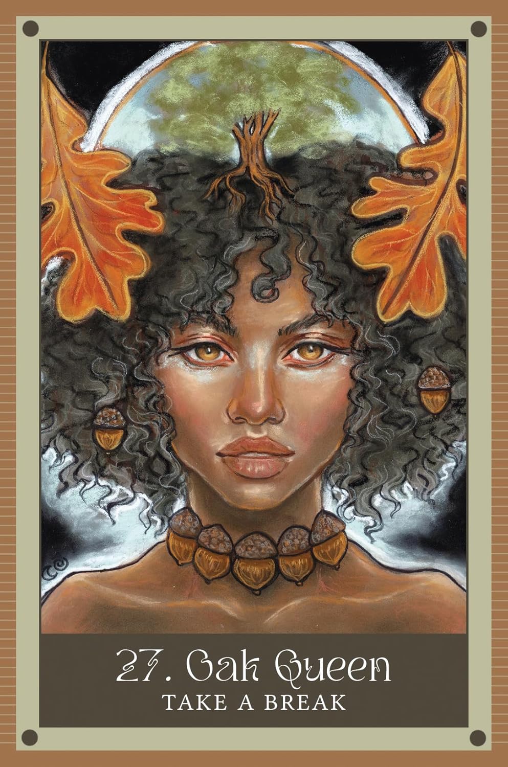 Artistic depiction of a woman with natural hair and autumn leaves, titled 'Oak Queen Take a Break'.