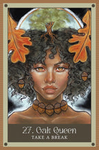 Artistic depiction of a woman with natural hair and autumn leaves, titled 'Oak Queen Take a Break'.