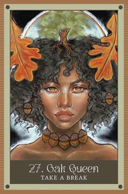 Artistic depiction of a woman with natural hair and autumn leaves, titled 'Oak Queen Take a Break'.