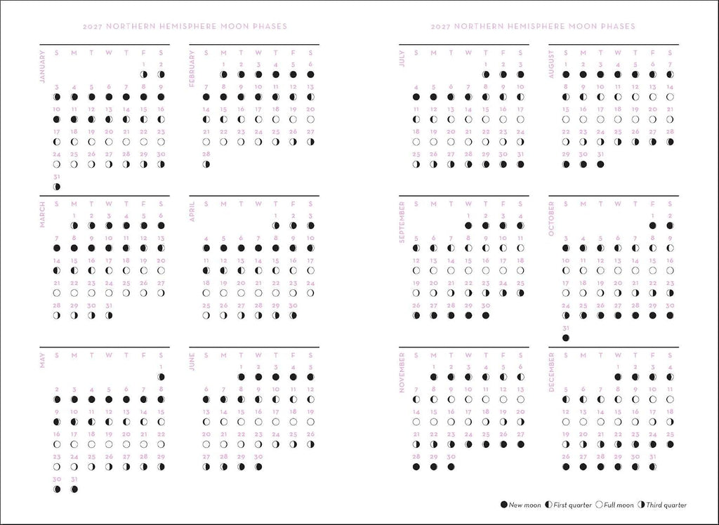 A 12-month moon phase calendar chart titled '2023 Northern Hemisphere Moon Phases,' showing monthly grids with moon phase icons in black, white, and pale pink on a white background.