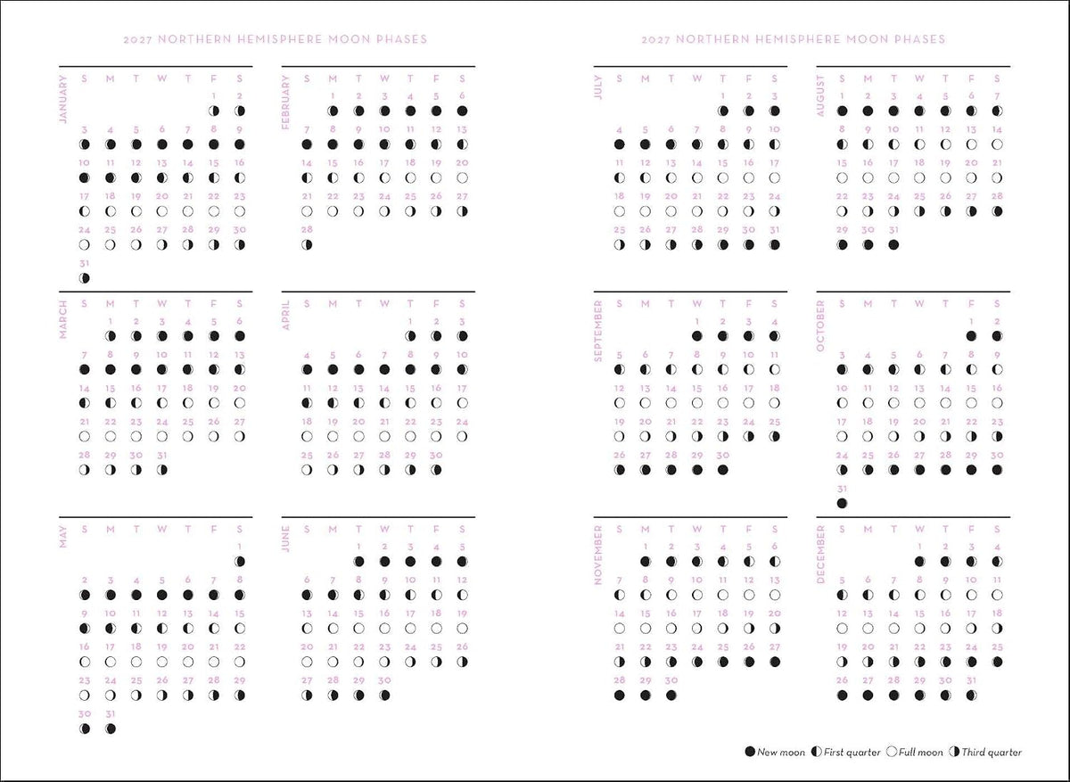 A 12-month moon phase calendar chart titled '2023 Northern Hemisphere Moon Phases,' showing monthly grids with moon phase icons in black, white, and pale pink on a white background.