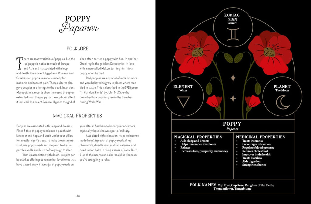 Illustration of poppies with zodiac sign and astrological elements on a black background