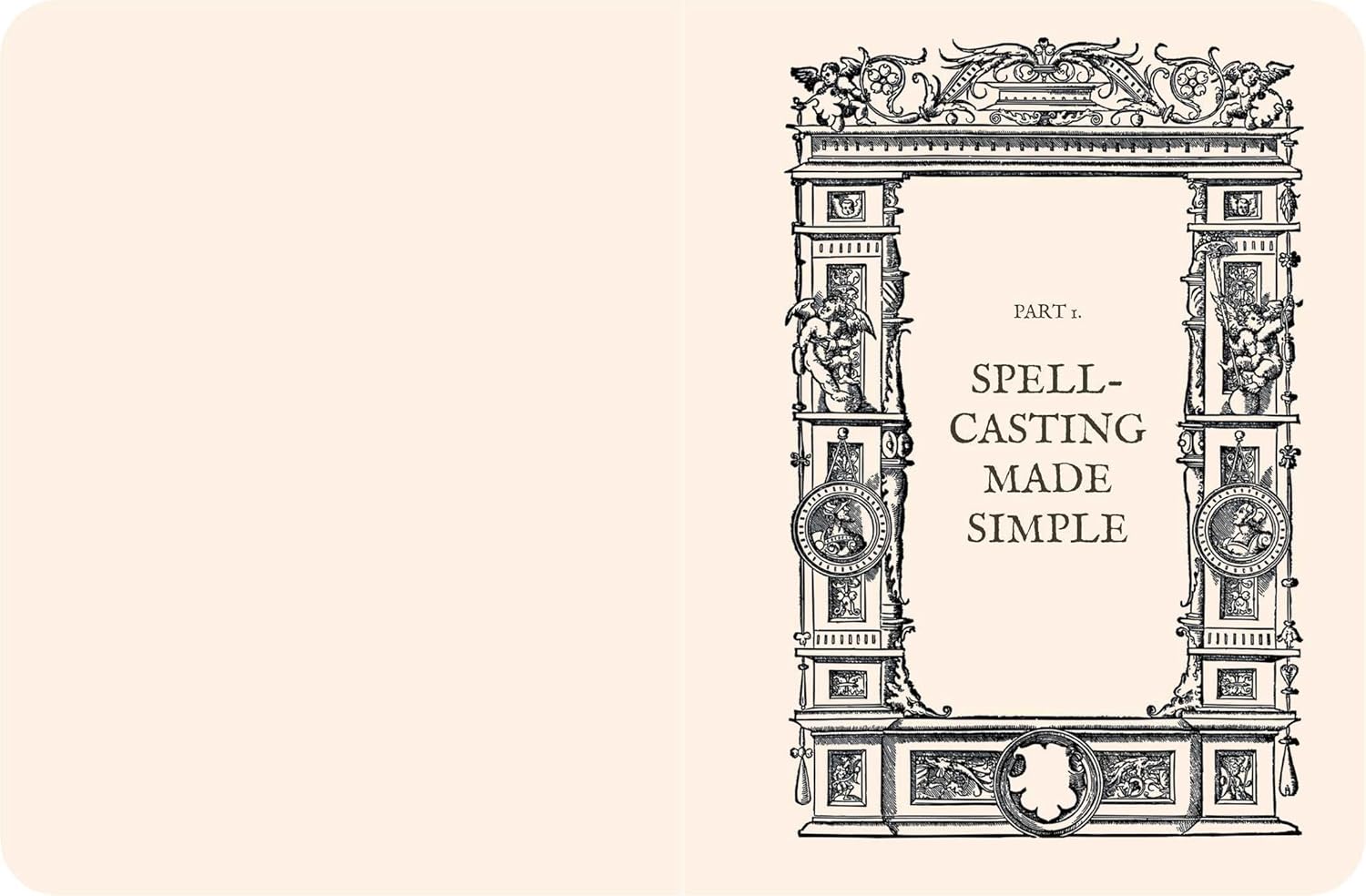 Decorative book interior with ornate design and text on a beige background