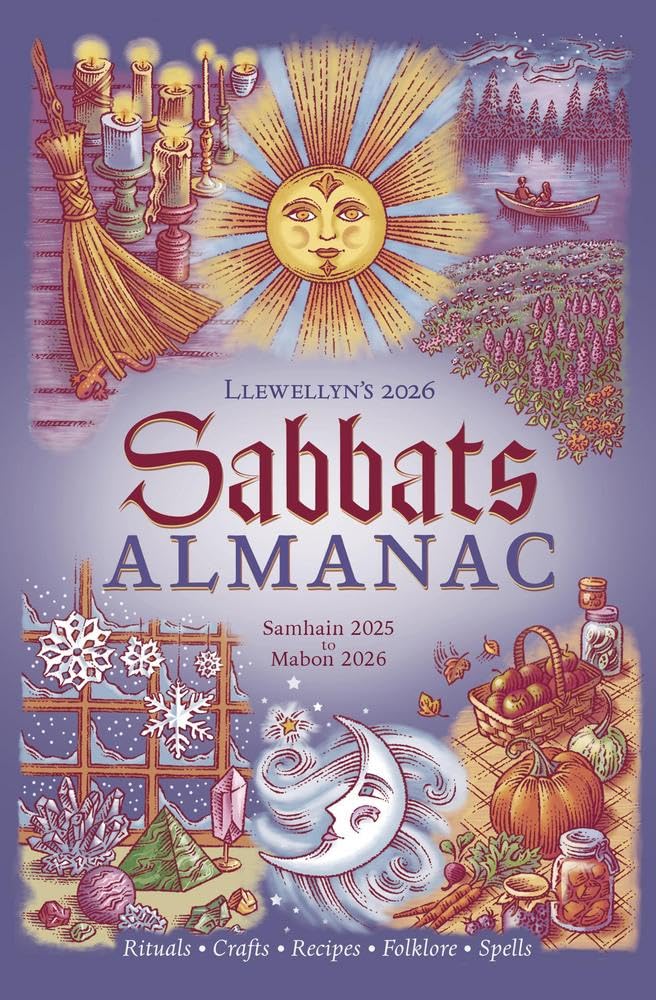 Cover of Llewellyn's 2026 Sabbats Almanac with illustrations of a sun, moon, and various elements.