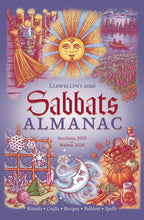Cover of Llewellyn's 2026 Sabbats Almanac with illustrations of a sun, moon, and various elements.