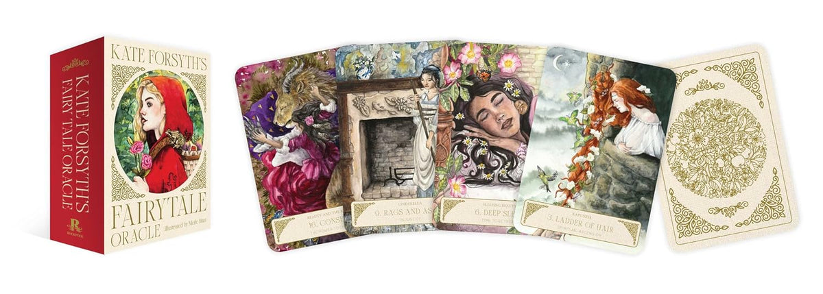 Kate Forsyth's Fairytale Oracle card deck shown with its red and gold box on the left, three illustrated cards spread out in the center, and one card displaying the ornate gold back design on the right, all on a plain white background.