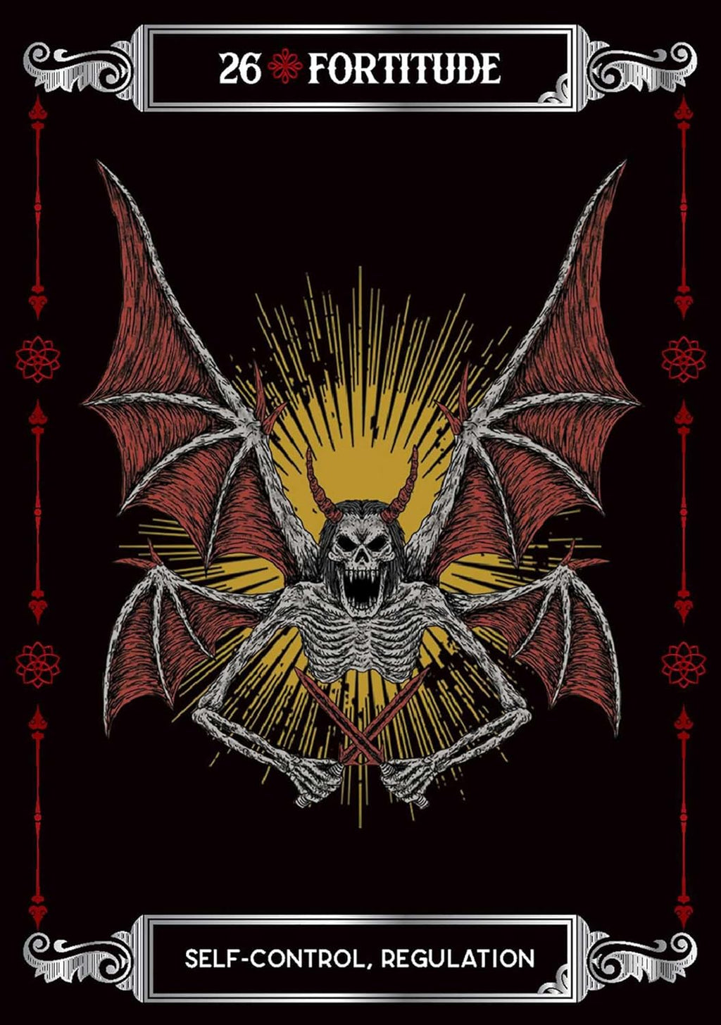 Illustration of a skeleton with bat wings and a skull head on a black background, labeled '26 Fortitude'.