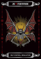 Illustration of a skeleton with bat wings and a skull head on a black background, labeled '26 Fortitude'.