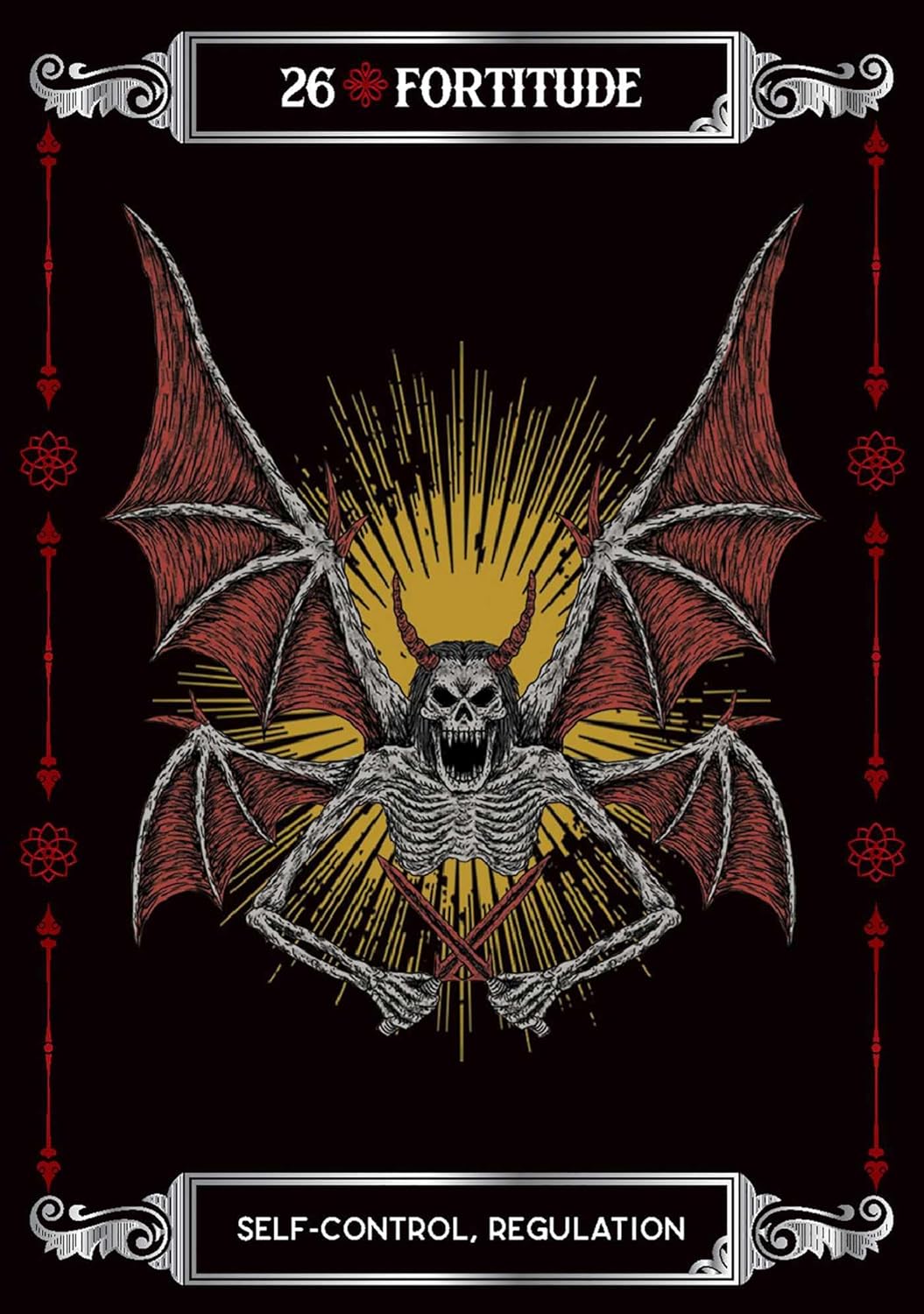 Illustration of a skeleton with bat wings and a skull head on a black background, labeled '26 Fortitude'.