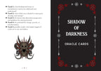 Book or card deck cover for 'Shadow of Darkness Oracle Cards' with a dragon illustration on a black background.