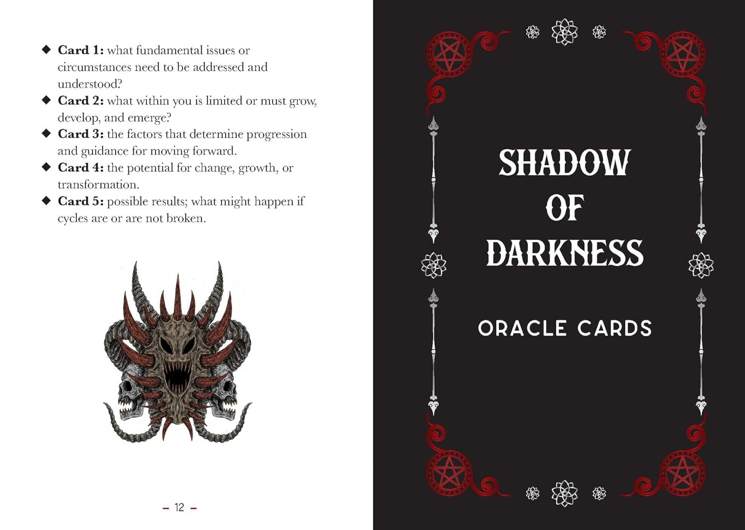 Book or card deck cover for 'Shadow of Darkness Oracle Cards' with a dragon illustration on a black background.