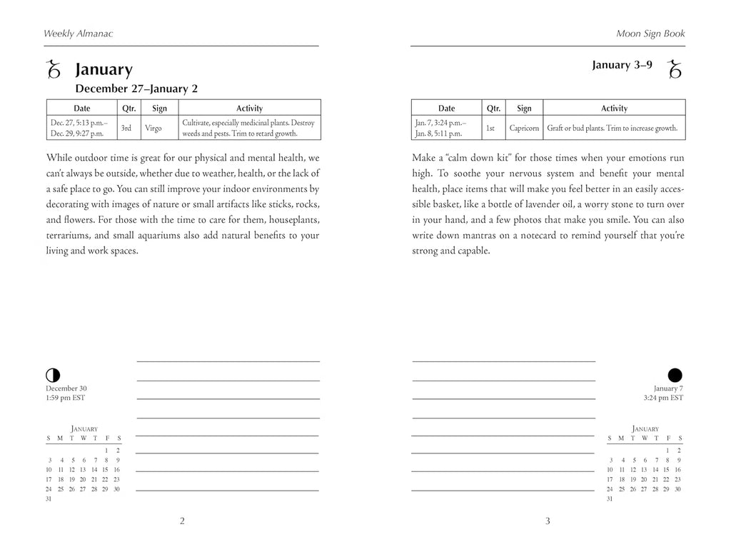 A two-page spread from a 'Weekly Almanac' and 'Moon Sign Book' featuring date conversions for January 27-2 and January 3-9, with text about outdoor time and moon phases on a white background.