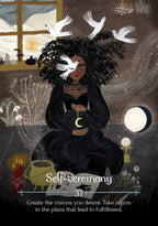 Illustration of a person in a dark outfit with a crescent moon symbol, surrounded by nature elements and birds.