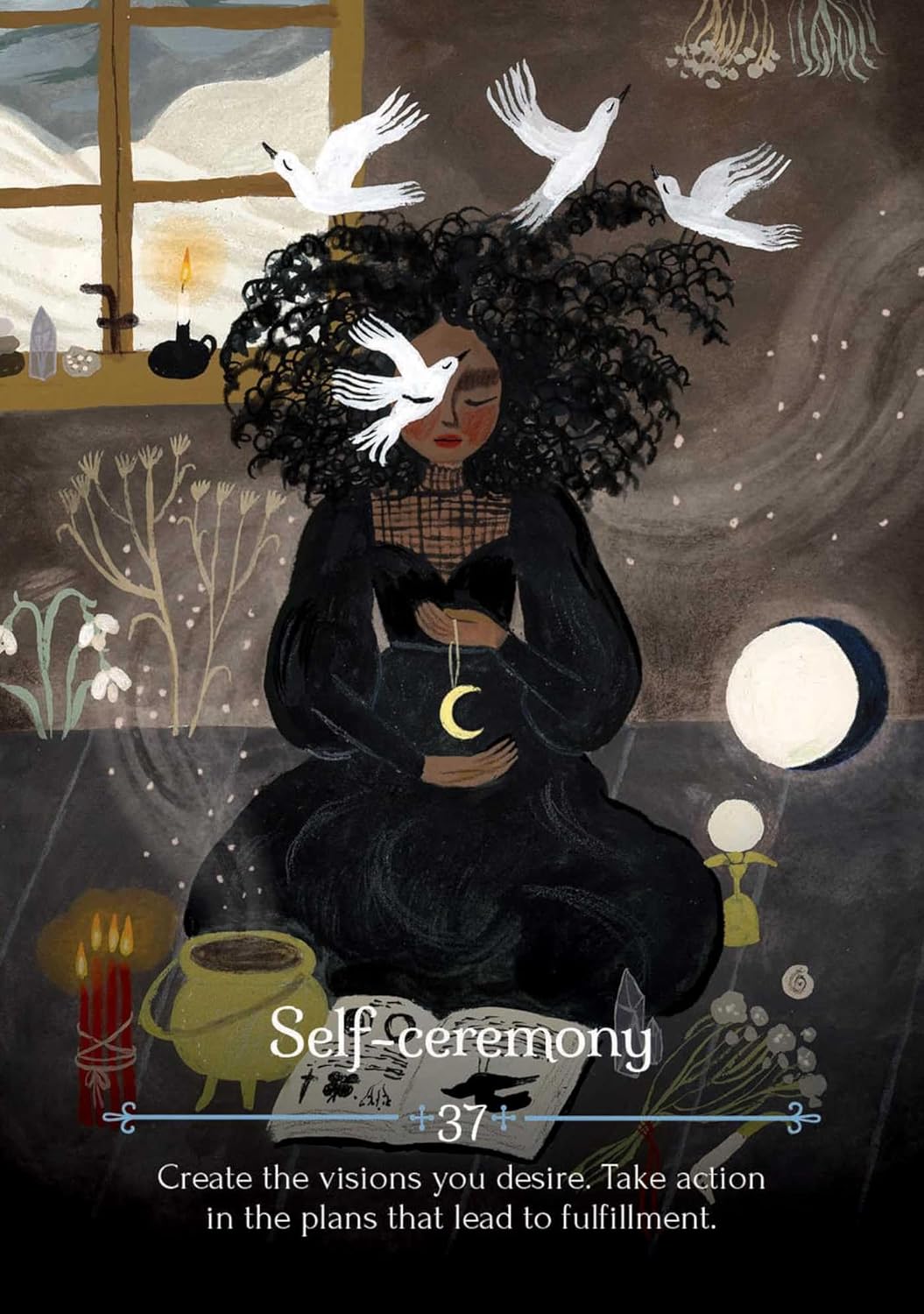 Illustration of a person in a dark outfit with a crescent moon symbol, surrounded by nature elements and birds.