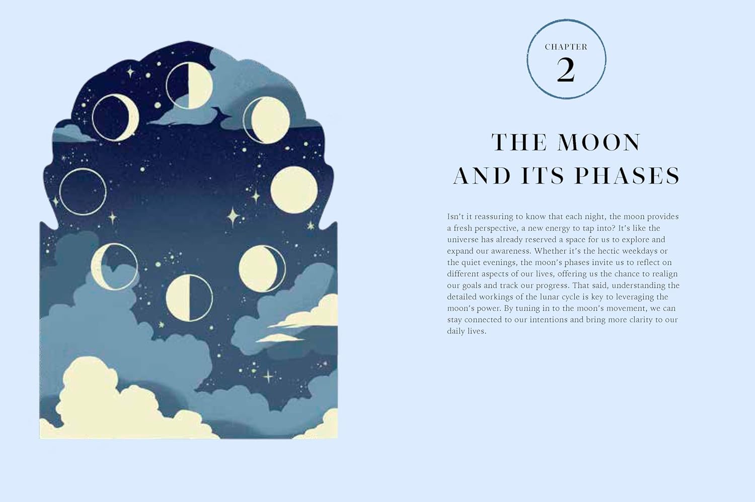 Illustration of moon phases with text on a light blue background