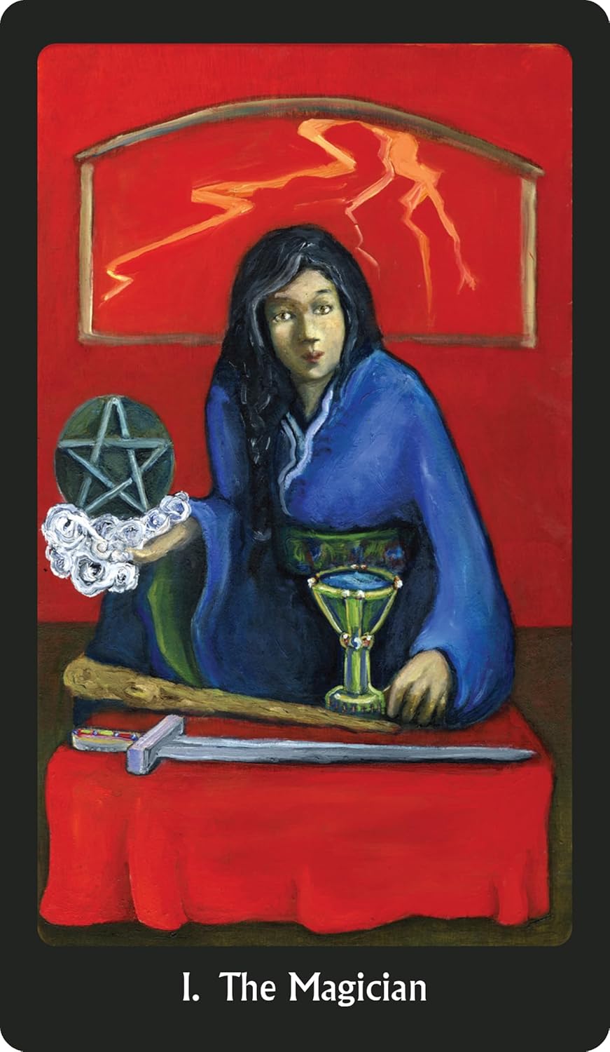 Card featuring 'The Magician' from a tarot deck with a person in blue attire holding a pentacle, sword, and cup against a red background.