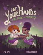 Illustrated cover showing two kids sitting on grass at night as one reads the other’s palm under stars, planets, and a crescent moon. Title appears above them.
