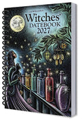 A spiral-bound 2027 'Witches Datebook' by Llewellyn's, featuring a detailed fantasy illustration of a witch, cat, potion bottles, and stars under a full moon.