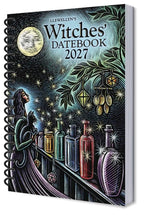 A spiral-bound 2027 'Witches Datebook' by Llewellyn's, featuring a detailed fantasy illustration of a witch, cat, potion bottles, and stars under a full moon.