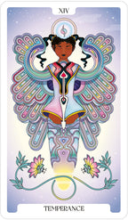 Tarot card featuring a stylized figure with colorful wings and floral elements, labeled 'Temperance'.