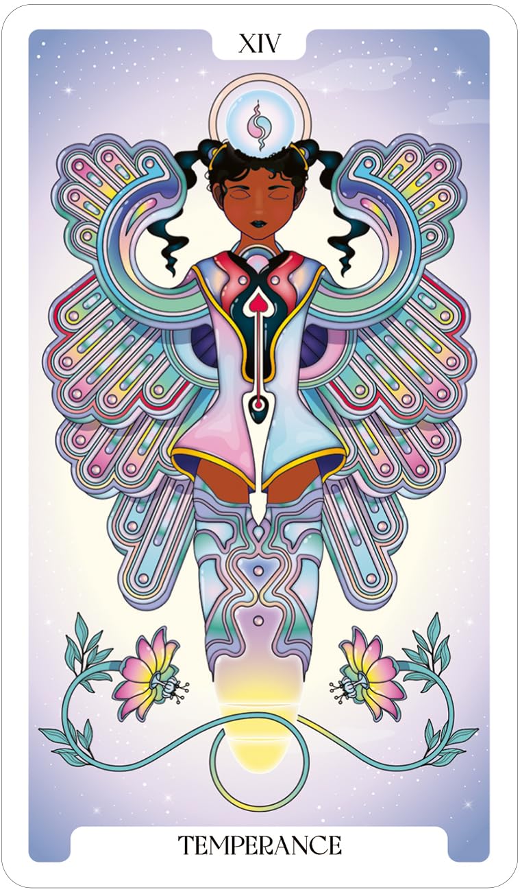 Tarot card featuring a stylized figure with colorful wings and floral elements, labeled 'Temperance'.
