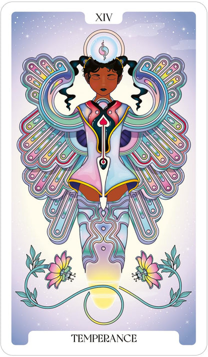 Tarot card featuring a stylized figure with colorful wings and floral elements, labeled 'Temperance'.