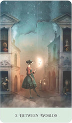 Illustration of a woman holding a lantern in an architectural setting with a starry sky.