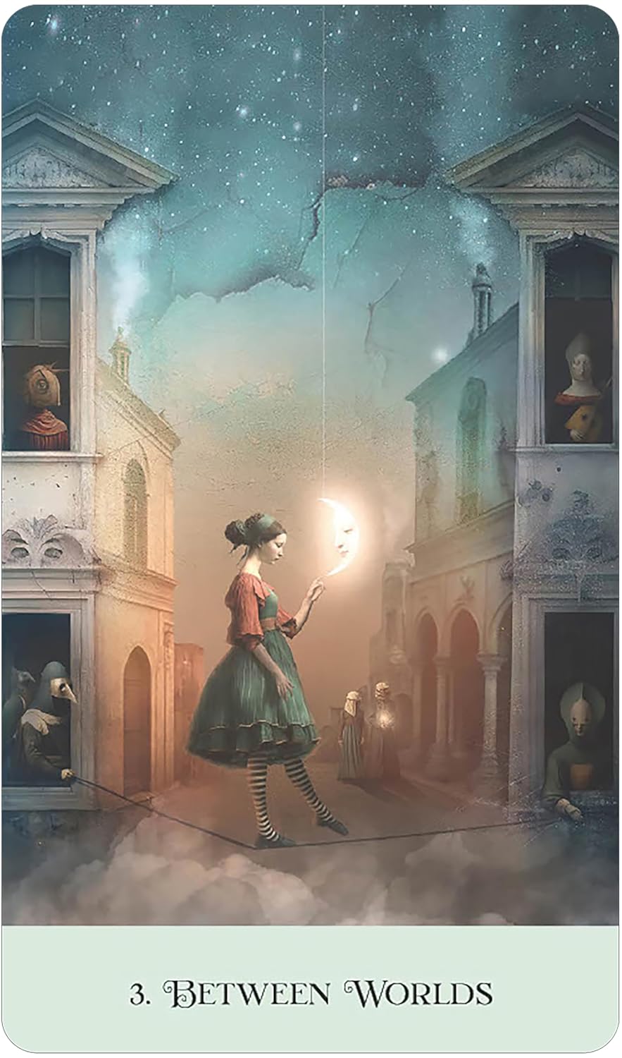 Illustration of a woman holding a lantern in an architectural setting with a starry sky.