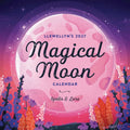 A square book or calendar cover design featuring a large pink moon with the title 'Magical Moon Calendar' in stylized lettering, surrounded by a purple and pink starry sky and colorful floral silhouettes along the bottom.