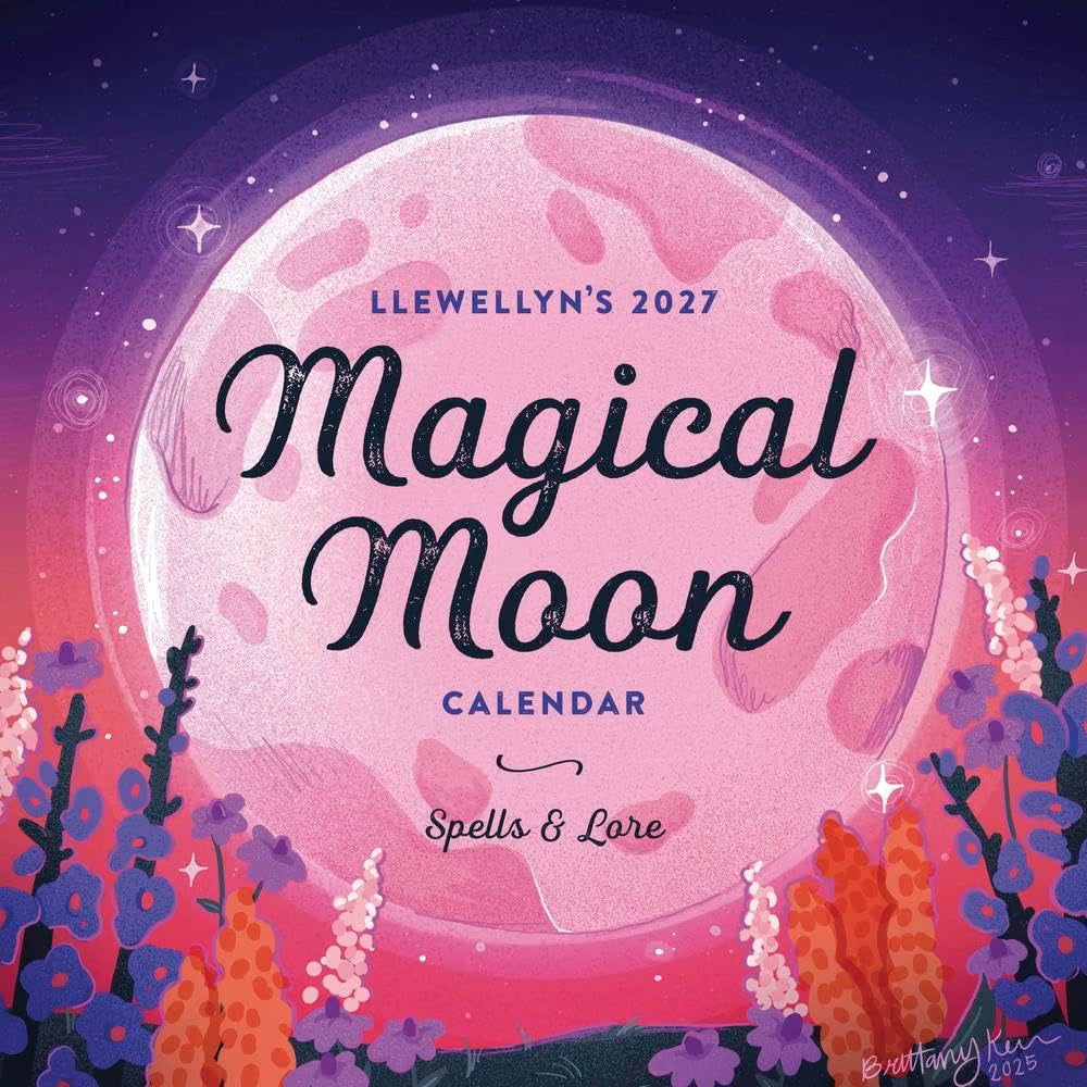 A square book or calendar cover design featuring a large pink moon with the title 'Magical Moon Calendar' in stylized lettering, surrounded by a purple and pink starry sky and colorful floral silhouettes along the bottom.