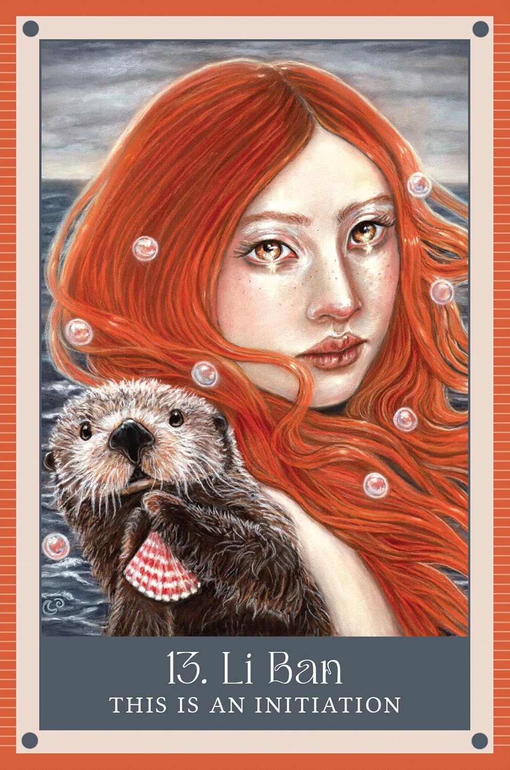 Illustration of a woman with red hair and an otter, with text '13. Li Ban This is an Initiation' on an orange border.