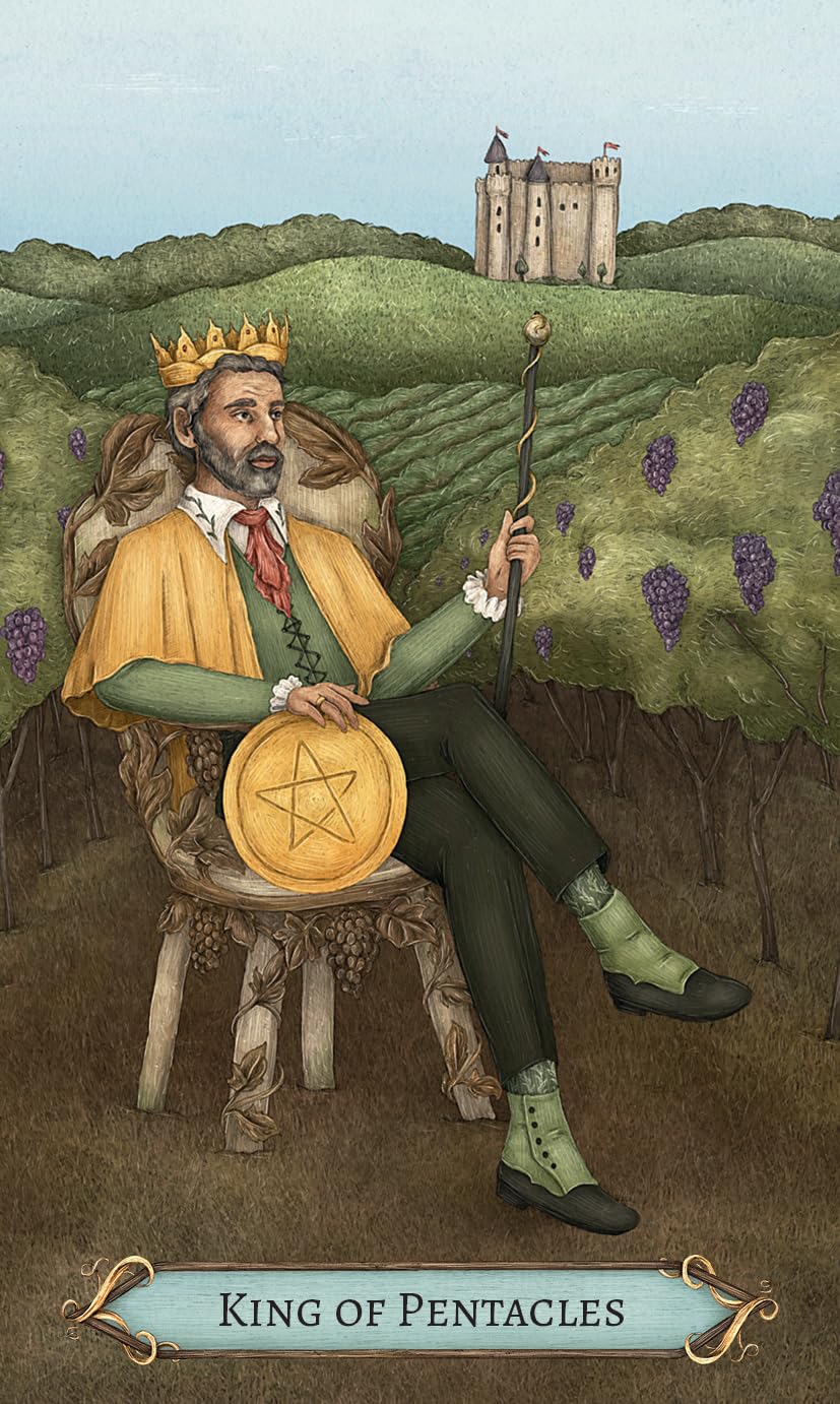 King of Pentacles tarot card with a king holding a pentacle disc in a scenic setting.
