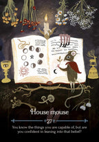Illustration of a mouse next to an open book with symbols, surrounded by herbs and candles on a dark background.