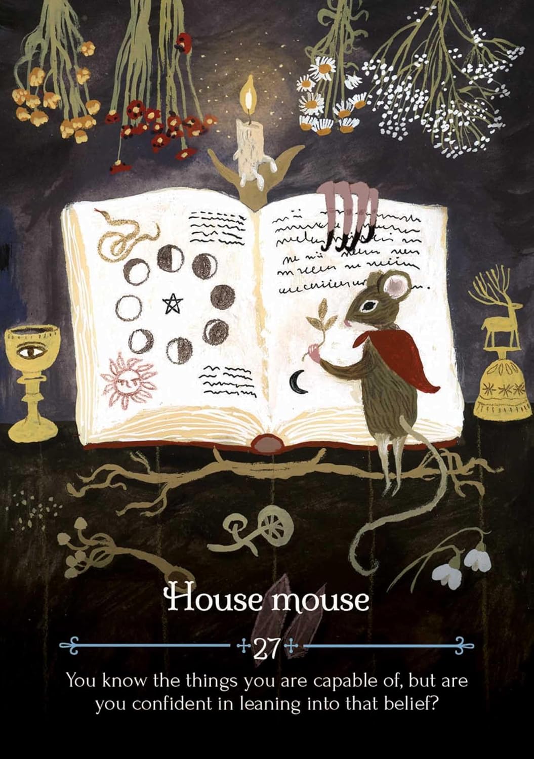 Illustration of a mouse next to an open book with symbols, surrounded by herbs and candles on a dark background.