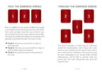 Two tarot card spreads titled 'Face the Darkness Spread' and 'Through the Darkness Spread' with instructions and card placements.