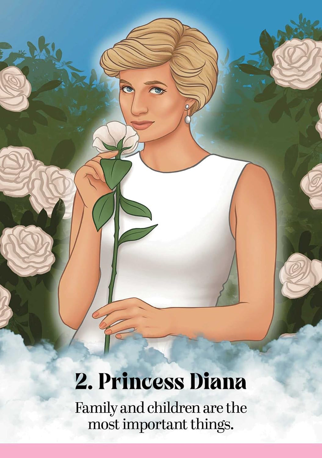 Illustration of Princess Diana holding a white rose with text about family and children.