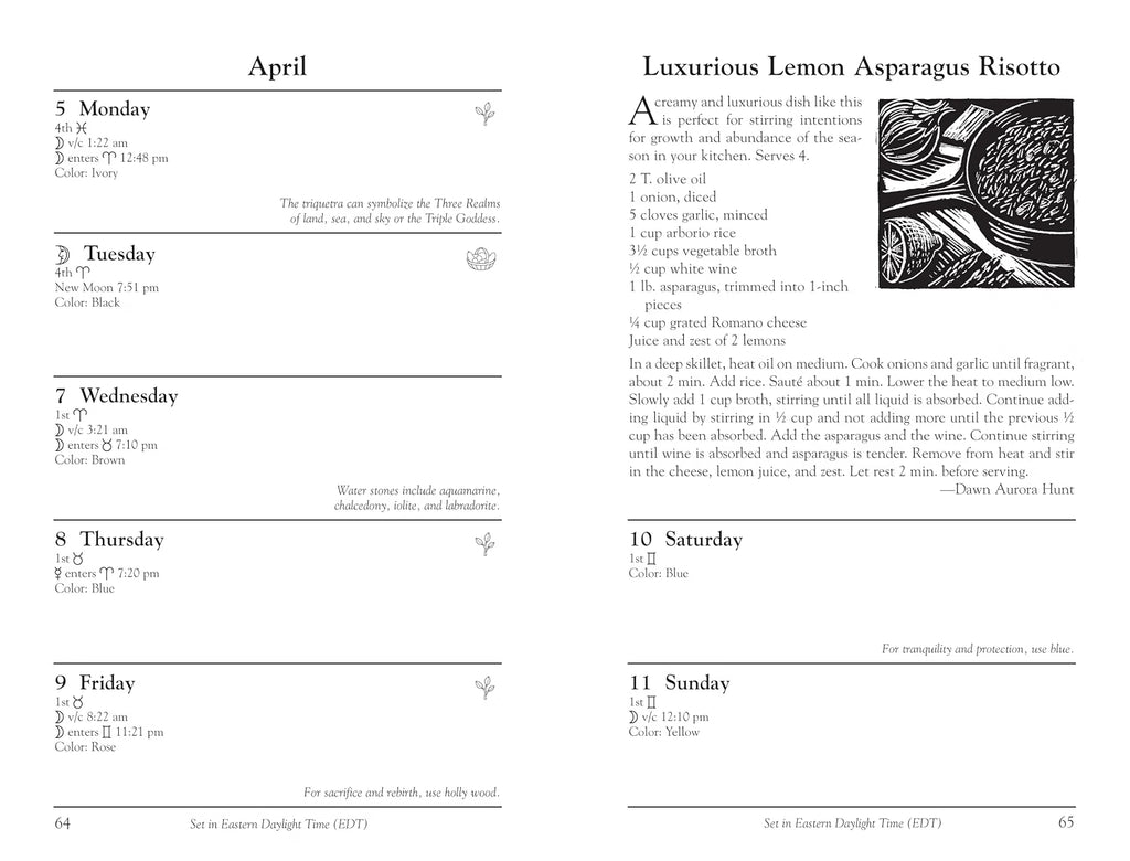 A printed recipe card or booklet page showing a weekly schedule for April with cooking notes and a recipe for 'Luxurious Lemon Asparagus Risotto' with an inset food photograph.