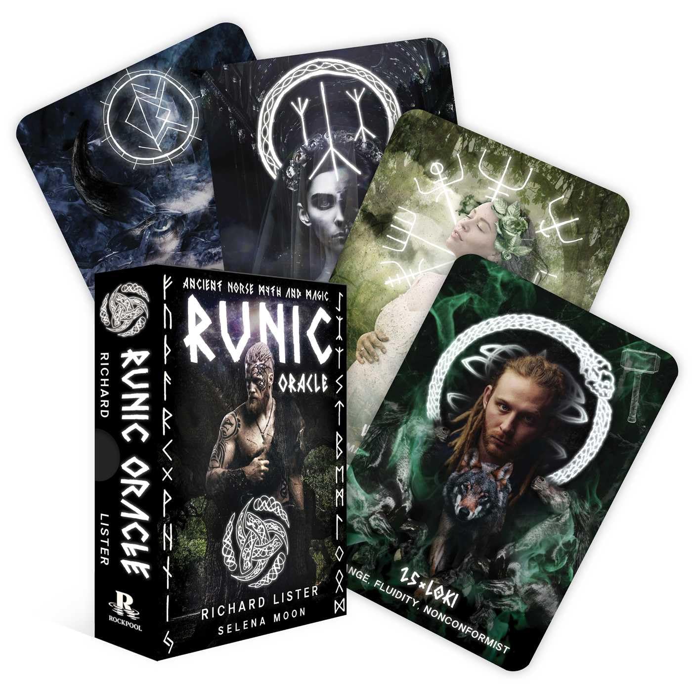 Runic Oracle cards with a box featuring images of people and runes on a white background.