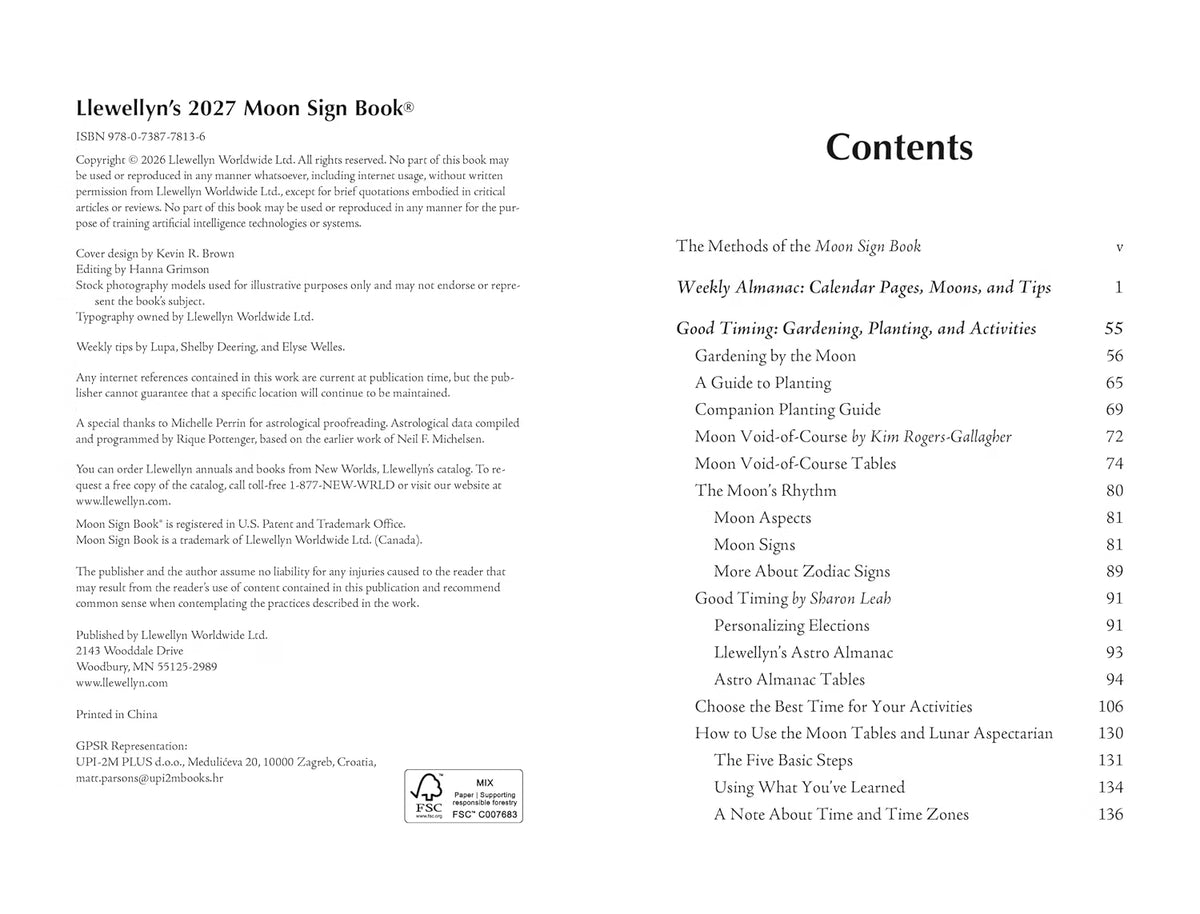 A printed page from Lewellyn's 2027 Moon Sign Books showing the Contents section with chapter titles and page numbers on a white page.