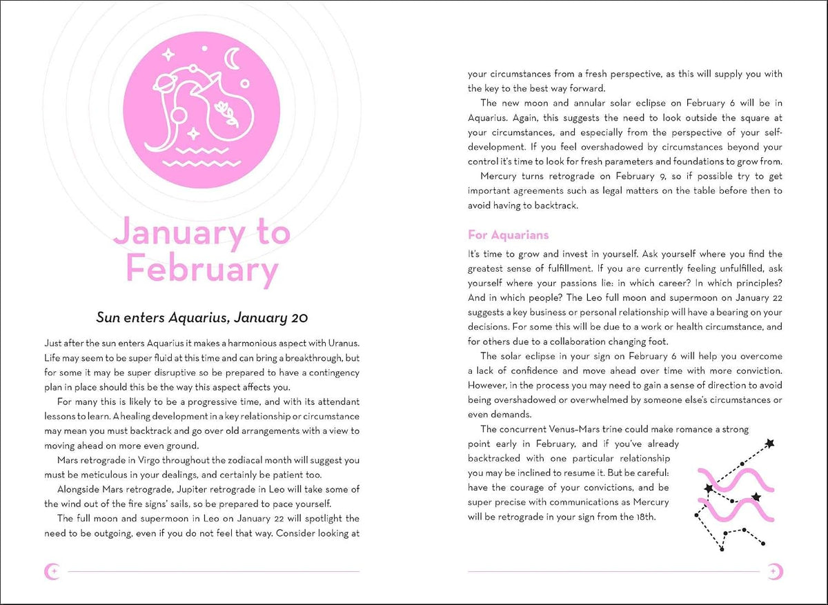 A printed card or page with pink decorative border elements, a pink crescent moon and star illustration, and columns of black text on a white background. The heading reads 'January to February' and the page appears to be astrology or horoscope content.