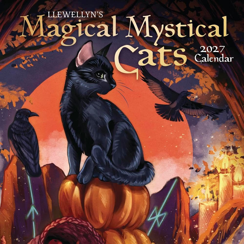 Llewellyn's Magical Mystical Cats 2027 Calendar cover featuring a black cat sitting on a pumpkin stack against a large orange moon, with crows, autumn trees, and a glowing cottage in the background.
