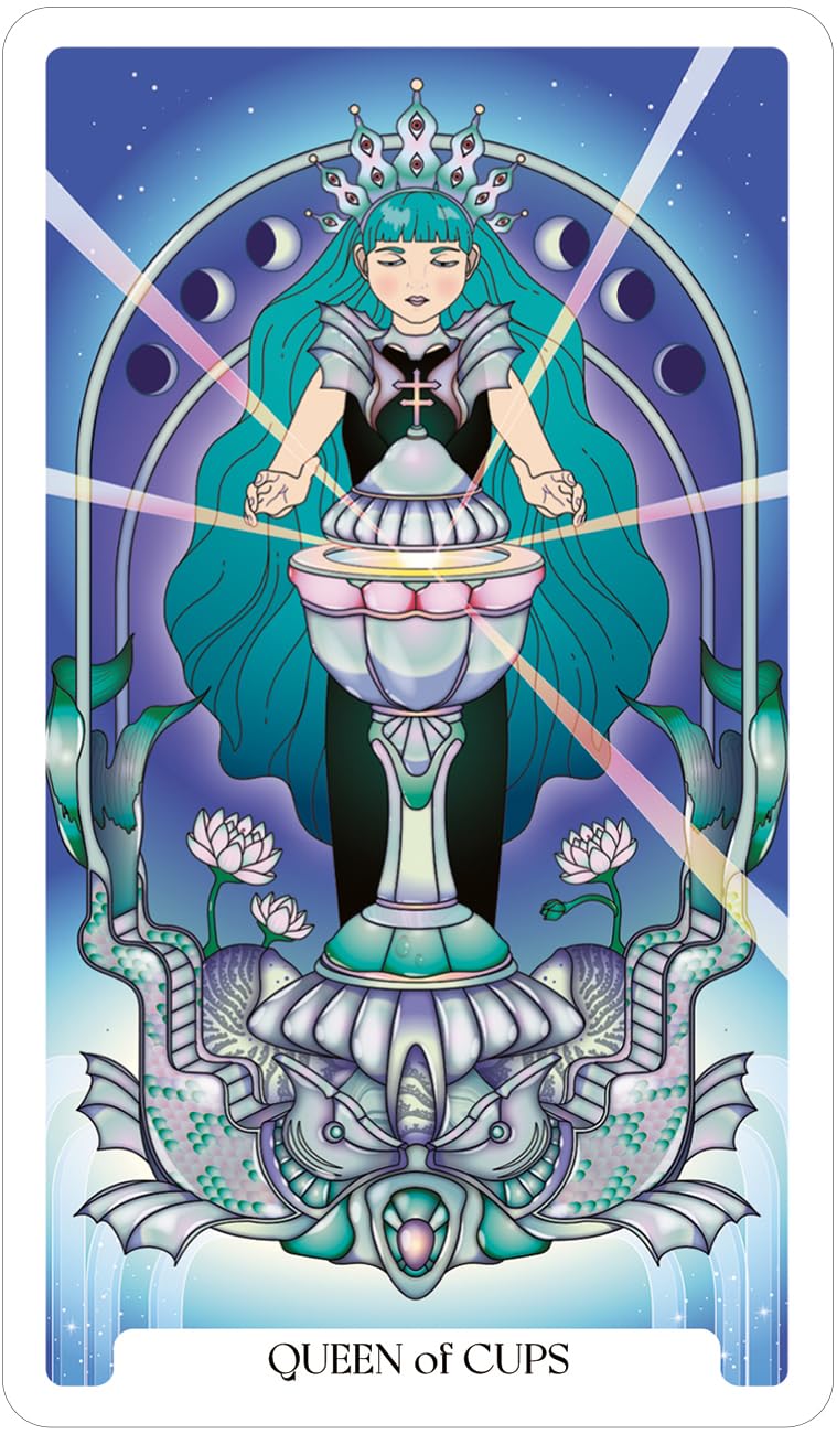 Tarot card featuring the 'Queen of Cups' with a stylized design and celestial elements.
