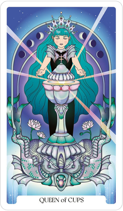 Tarot card featuring the 'Queen of Cups' with a stylized design and celestial elements.