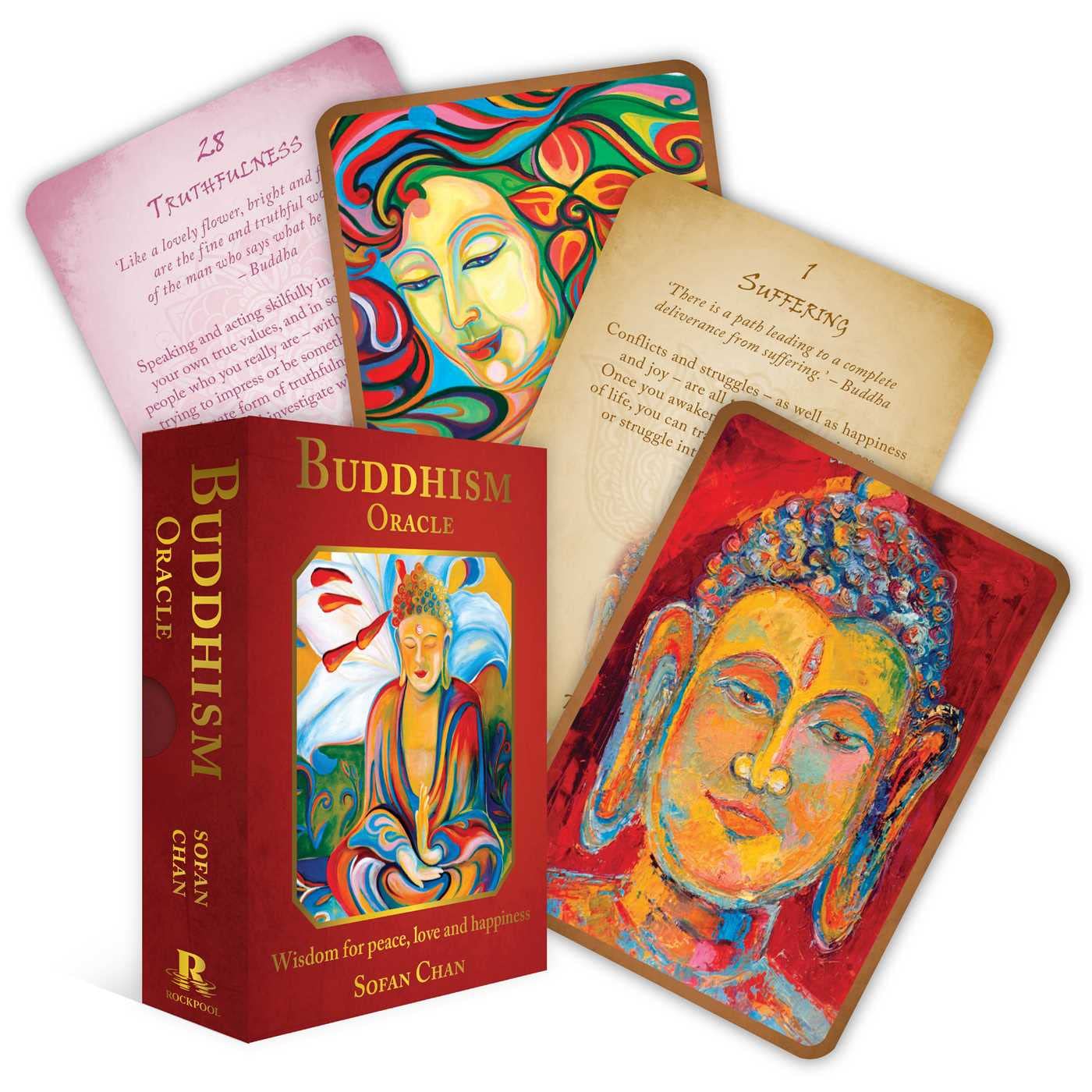 Buddhism Oracle cards with colorful illustrations and a book titled 'Buddhism Oracle' on a white background.
