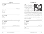 A two-page spread from a printed calendar or journal showing February with daily entries from Monday through Sunday, alongside a black-and-white illustration labeled 'Snow Moon.' This is not a product beauty shot, not a person in an environment, and not a measurement chart, color swatch, or instruction diagram; it is best classified as Other because it appears to be a digital/print educational or reference page.