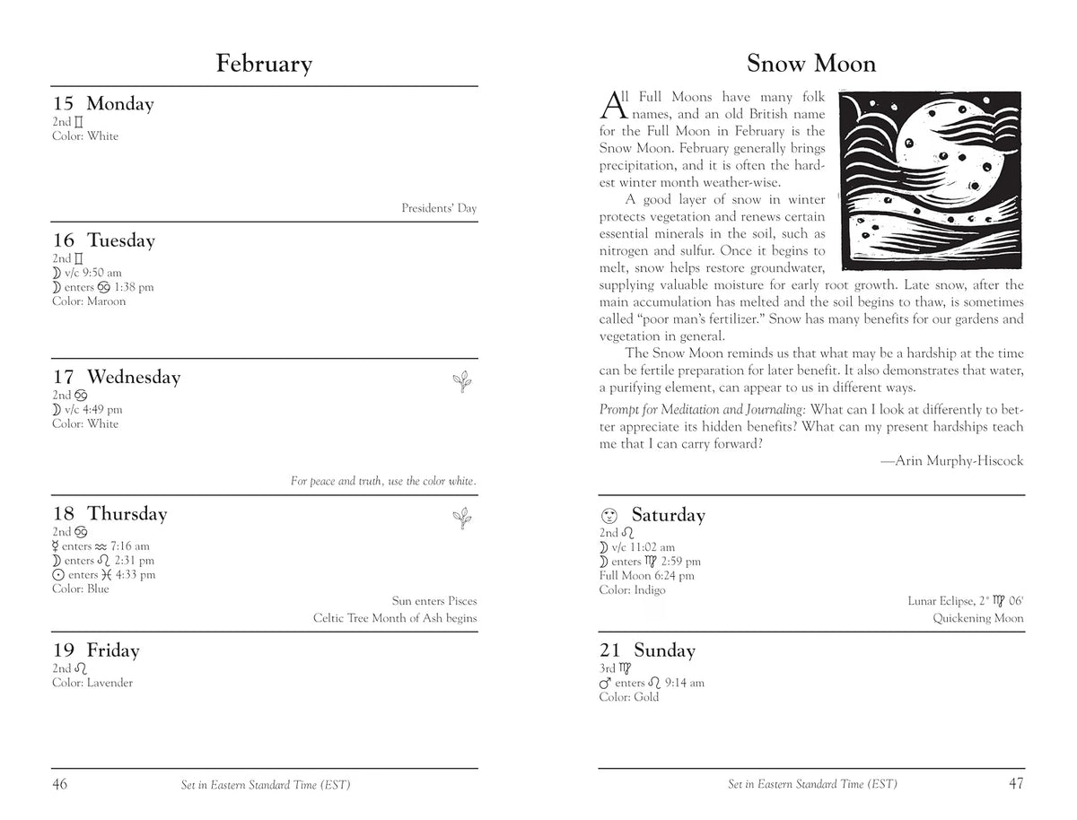 A two-page spread from a printed calendar or journal showing February with daily entries from Monday through Sunday, alongside a black-and-white illustration labeled 'Snow Moon.' This is not a product beauty shot, not a person in an environment, and not a measurement chart, color swatch, or instruction diagram; it is best classified as Other because it appears to be a digital/print educational or reference page.