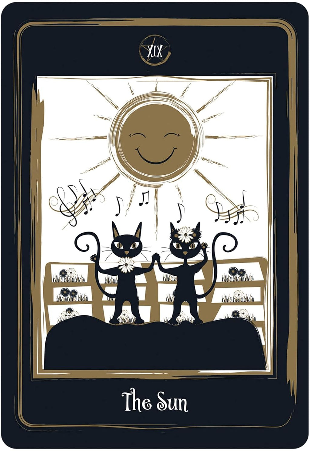 Tarot card titled 'The Sun' with black cats and a smiling sun.