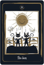 Tarot card titled 'The Sun' with black cats and a smiling sun.